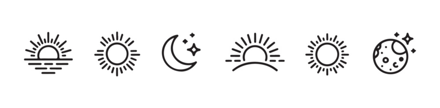Weather icon set. weather outline line icon. sun, moon, sunrise and sunset line vector icons.