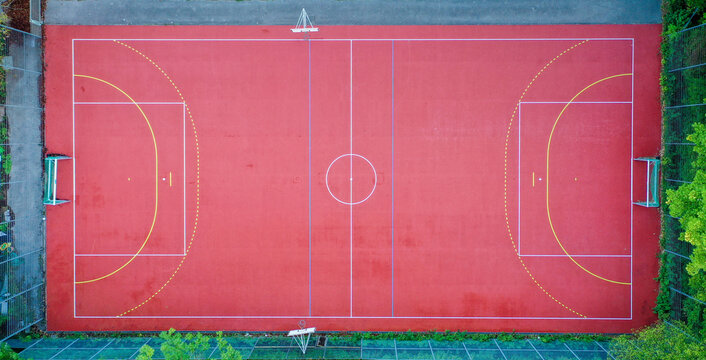 Aerial Top Down View of Multi Sport Outdoor Court with Basketball and Futsal Markings