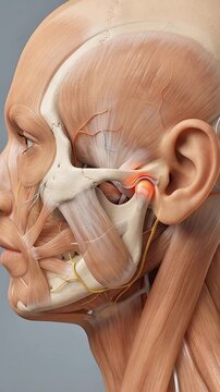 3D Medical Animation of Human Jaw and Temporomandibular Joint Anatomy with Facial Muscles, Nerves and TMJ Inflammation Pain Highlight on Gray Background