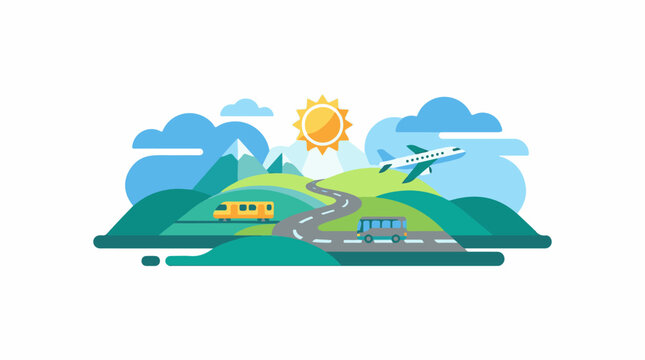 Colorful illustration of a sunny landscape with a winding road train bus and airplane