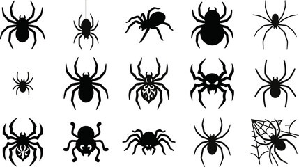 Halloween spider set icons. Silhouette of black insect icon. Vector holiday october poster, flat horror © Nazma