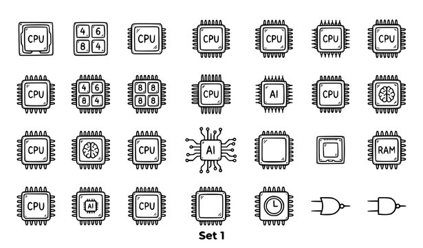 CPU doodle icon set hand drawn processor microchip sketch symbols vector eps10