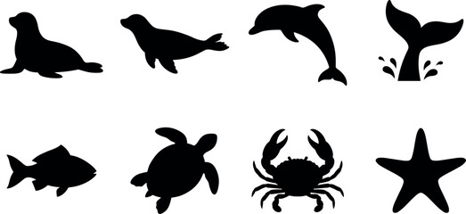 Marine animal silhouettes collection featuring dolphin, seal, whale tail, turtle, crab, fish, and starfish © ROUNOK