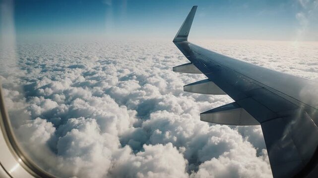 Airplane Wing View Over Clouds During Flight