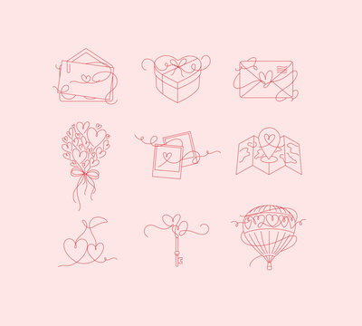 Love symbols envelope, candy box, letter, air balloon, photo, travel destination, cherry, key drawing in line art style on peach background