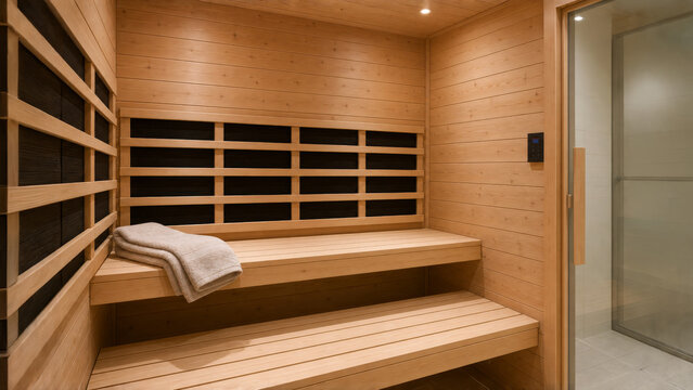 Modern infrared sauna interior with light wooden panels and a towel on the bench.