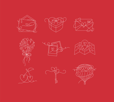 Love symbols envelope, candy box, letter, air balloon, photo, travel destination, cherry, key drawing in line art style on red background