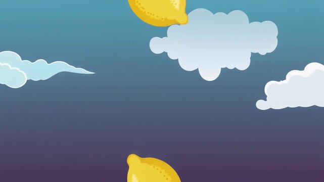 Animated Lemon Falling From Sky Against Blue Cloudy Background