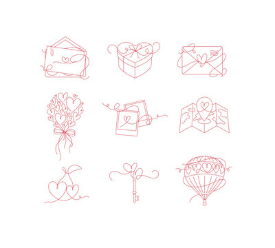 Love symbols envelope, candy box, letter, air balloon, photo, travel destination, cherry, key drawing in line art style on light background