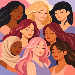 Obraz premium A vibrant flat vector illustration featuring a diverse group of women with different skin tones, hairstyles, and ethnic backgrounds arranged in an overlapping composition