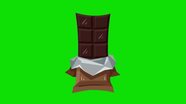 A chocolate bar partially unwrapped on a green background