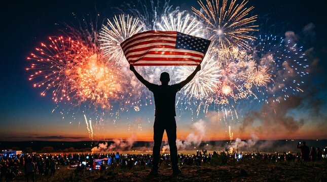 National flag of United States of America in sky with fireworks independence day