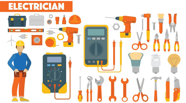 Electrician Tools And Worker Vector Illustration On White Background