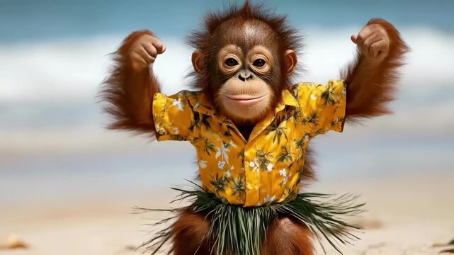 Playful orangutan in hawaiian shirt on sunny beach