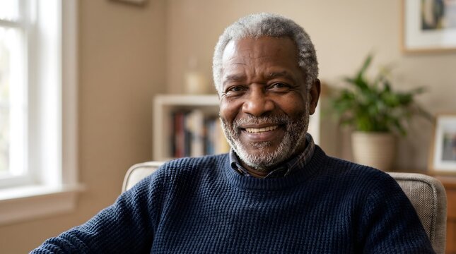 Senior, Portrait. Smiling senior black man posing inside a room looking at the camera