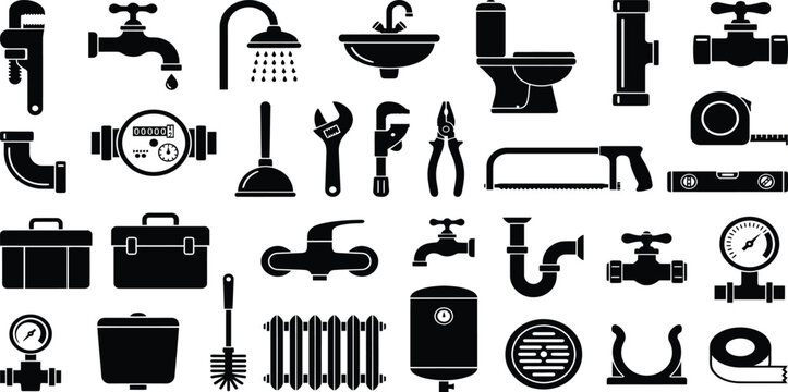Set of plumbing and home maintenance repair icons with plumbing