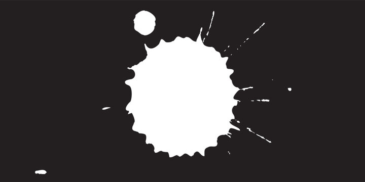 Abstract white ink splat and paint splash pattern on black background. Grunge inkblot design element.
