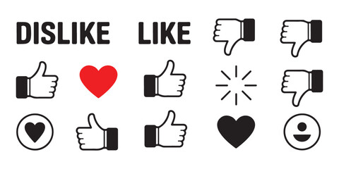 Collection of social media interaction icons featuring hearts thumbs up and dislikes for feedback. © Kamil