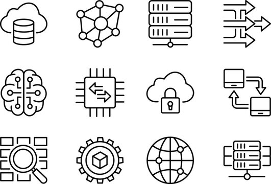 Set of thin line icons vector for cloud computing, data storage, artificial intelligence, and network technology