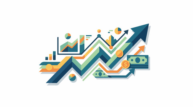 A colorful infographic illustration with various charts and money