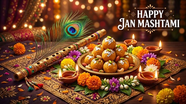 Happy Janmashtami Banner Template. Traditional Poster Design for Hindu Festival Shree Krishna
