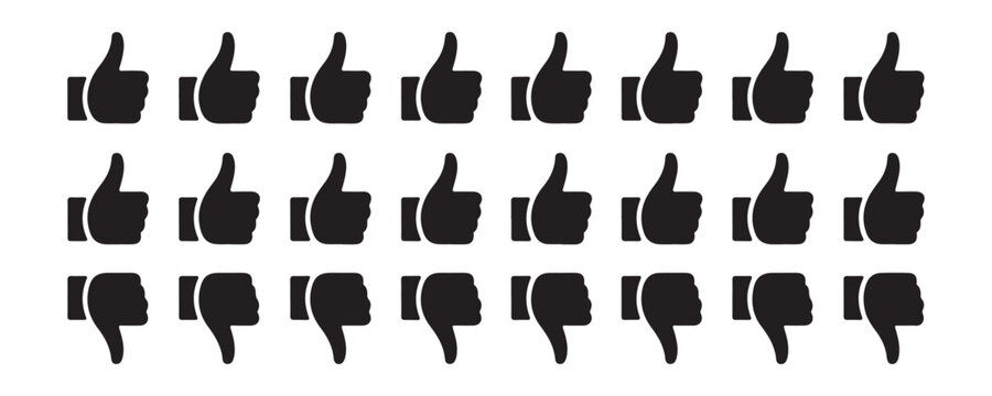 Collection of black vector icons with thumbs up and down. like and dislike symbols isolated.