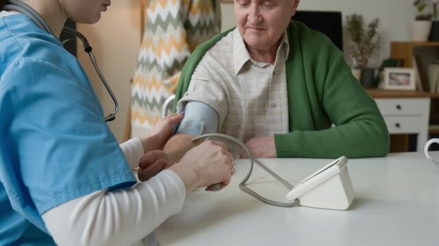 Female nurse measuring blood pressure of senior man using tonometer in nursing home. Footage for senior care and medical marketing
