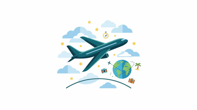 A graphic illustration of a plane flying around the globe with clouds