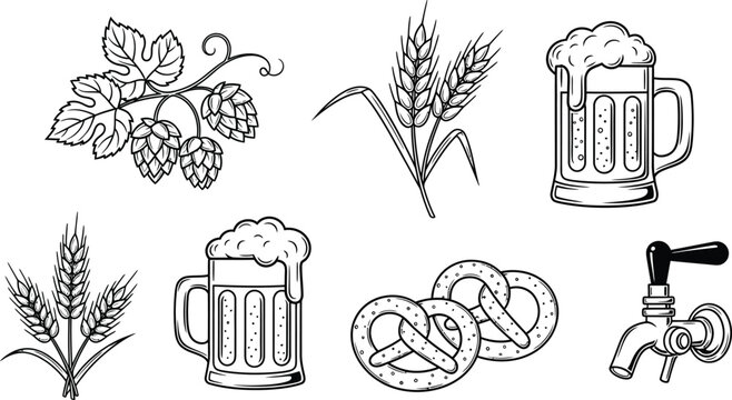 Set of beer and brewery related icons in line art style