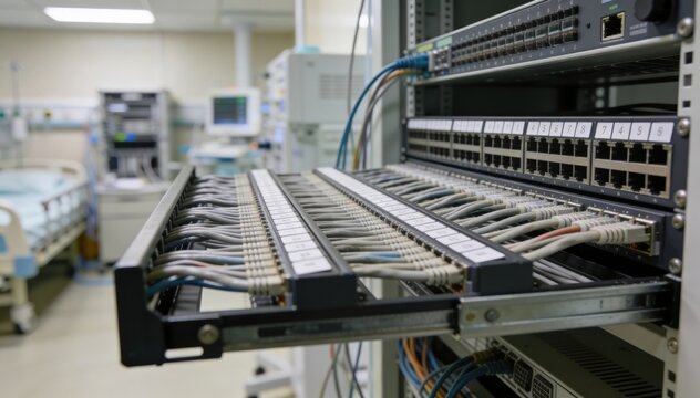 Medium shot of hospital structured cabling rack concentrating on neatly labeled patch fields and organized cables with peripheral network equipment out of focus.