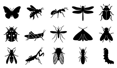 Minimal Black Insect Silhouette Set with Butterfly Bee Ant and Wildlife Species Vector Collection © Md