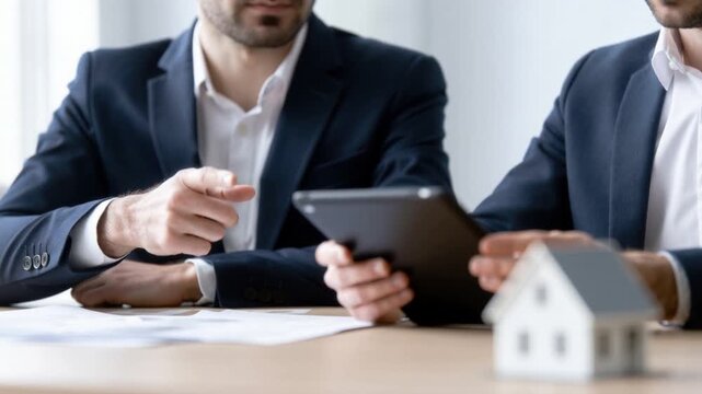 Close-up of business people discussing property investment with house model on table during financial consultation meeting in office