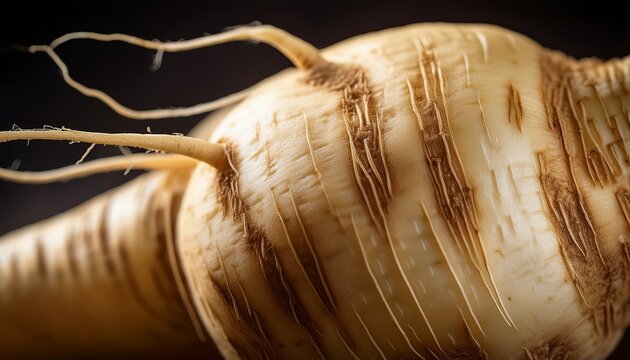 macro view of parsnip root vegetable with delicate fibers intricately detailed