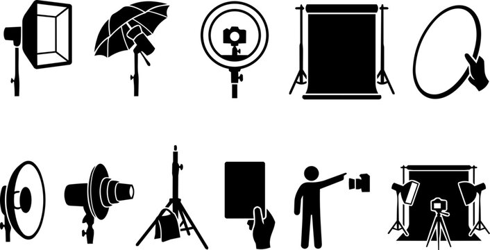 Photography Studio and Lighting Setup Silhouette Icon Set