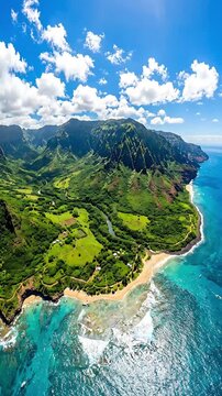 Aerial view of the na pali coast on kauai, hawaii, featuring lush green mountains, dramatic cliffs, a winding river, and turquoise ocean waters with a sandy beach