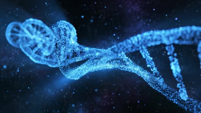 animated blue particle DNA double helix rotating in dark space with glowing particles