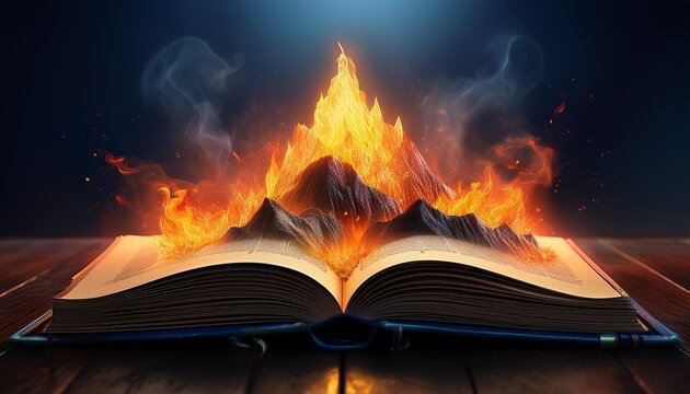 a mountain of flames emerges from an open book representing the fusion of knowledge and strength