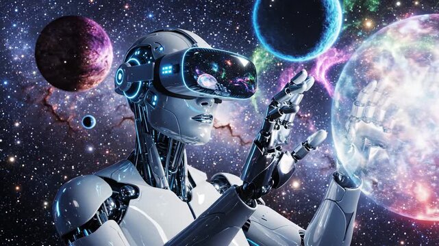 Futuristic Robot Using VR Headset in Cosmic Space with Nebula and Planets