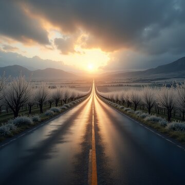Straight Highway at Sunrise with Dramatic Clouds and Golden Light