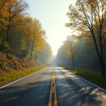 Autumn Forest Road with Warm Morning Light and Colorful Trees