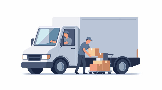 Two delivery workers interacting with a white delivery truck and packages