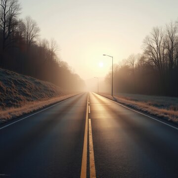 Empty Highway at Sunrise with Golden Light and Morning Fog