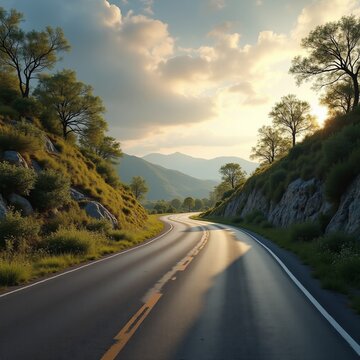 Scenic Mountain Road at Sunrise with Dramatic Sky and Lush Landscape