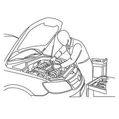 Naklejka premium Line art illustration of continuous line drawing of a mechanic repairing a car engine