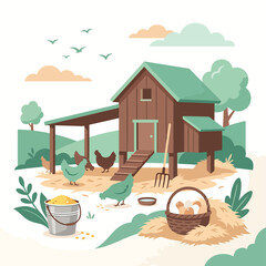 Chickens outside a brown wooden barn. © Nurul
