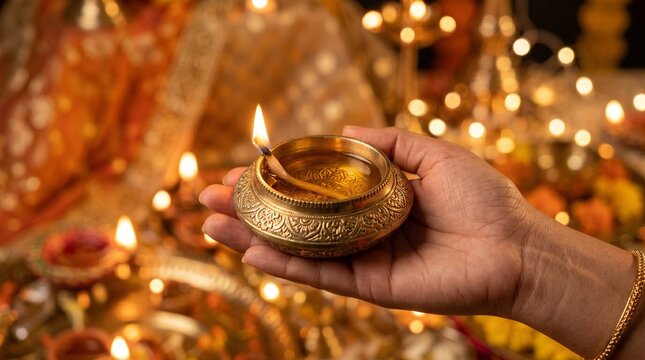 Hand Holding Traditional Brass Diya Oil Lamp During Diwali Festival Celebration with Sacred Lights and Spiritual Atmosphere
