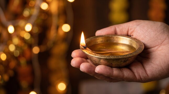 Hand Holding Traditional Oil Lamp During Diwali Celebration with Glowing Candlelight and Festive Spiritual Atmosphere