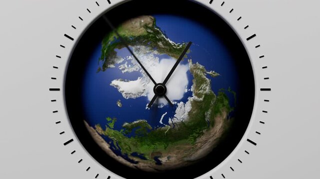 Realistic Earth globe used as analog clock dial with ticking hands and circular time scale on clean background, animated planet inside clock face with minimal modern visual design
