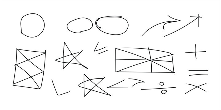 Hand drawn doodle shapes and symbols set, black ink sketch elements on white background, collection of 15 vector scribbles including stars, arrows, circles, and math signs for design