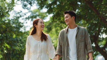 Fototapeta premium Loving couple holding hands while walking in a green park